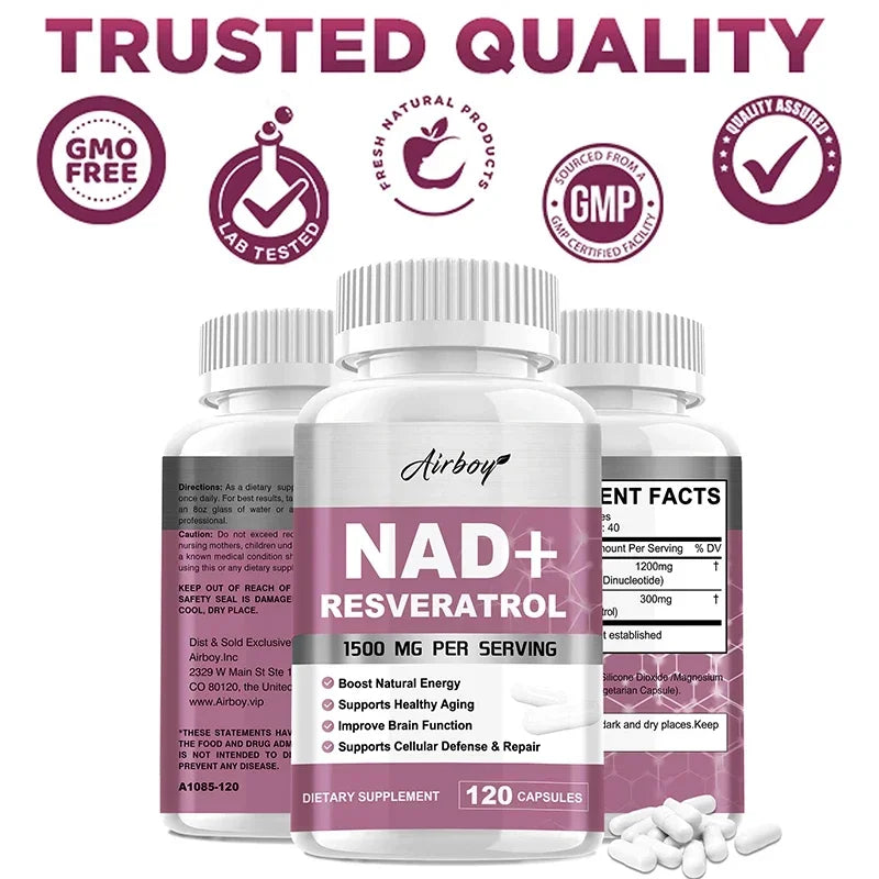 NAD+ Resveratrol Supplements - Natural Energy, Anti-aging and Cellular Health, Strengthens The Immune System - 120 Capsules 