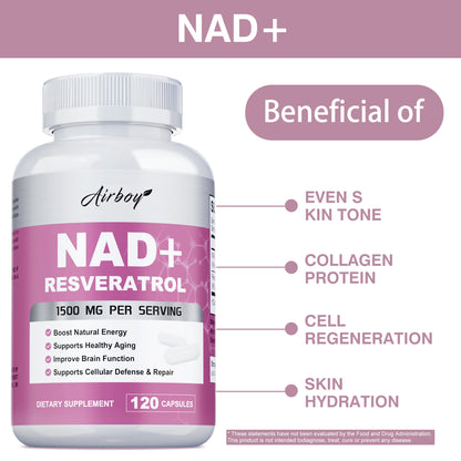 NAD+ Resveratrol Supplements - Natural Energy, Anti-aging and Cellular Health, Strengthens The Immune System - 120 Capsules ﻿