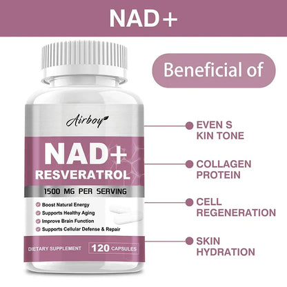 NAD+ Resveratrol Supplements - Natural Energy, Anti-aging and Cellular Health, Strengthens The Immune System - 120 Capsules ﻿