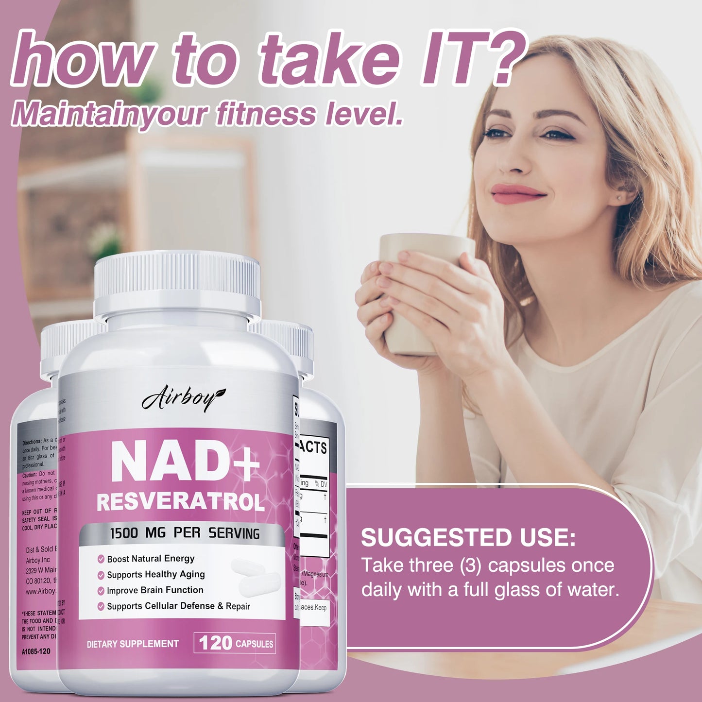 NAD+ Resveratrol Supplements - Natural Energy, Anti-aging and Cellular Health, Strengthens The Immune System - 120 Capsules ﻿