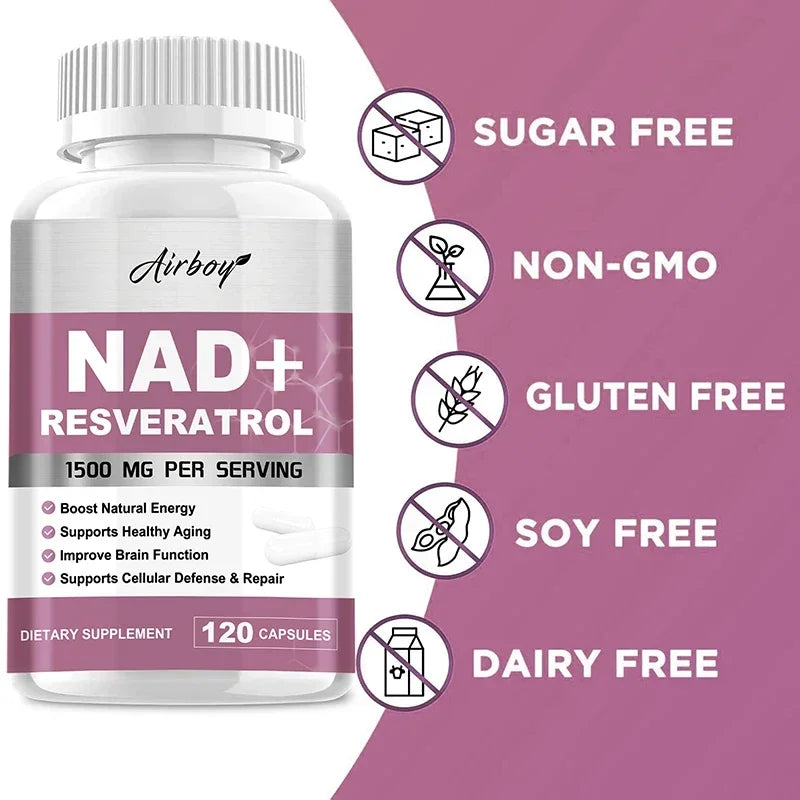 NAD+ Resveratrol Supplements - Natural Energy, Anti-aging and Cellular Health, Strengthens The Immune System - 120 Capsules ﻿