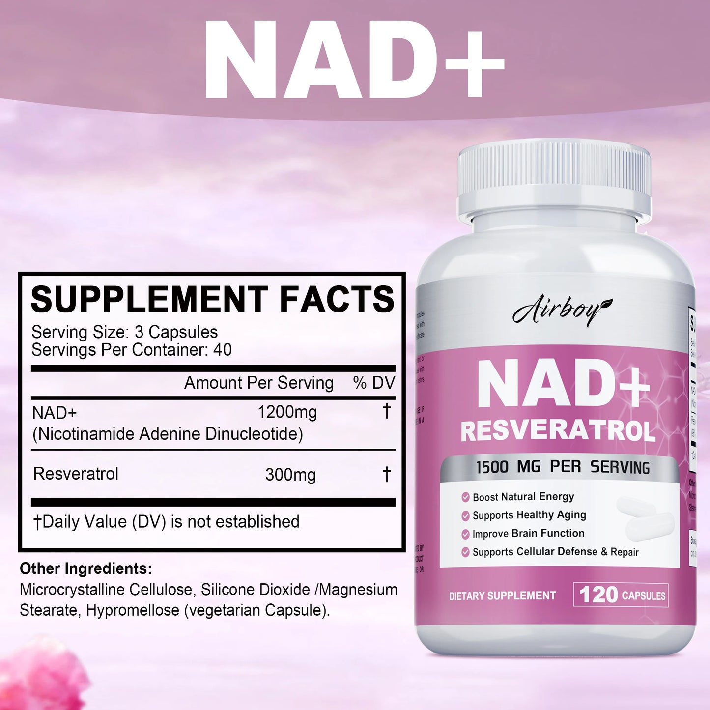NAD+ Resveratrol Supplements - Natural Energy, Anti-aging and Cellular Health, Strengthens The Immune System - 120 Capsules ﻿