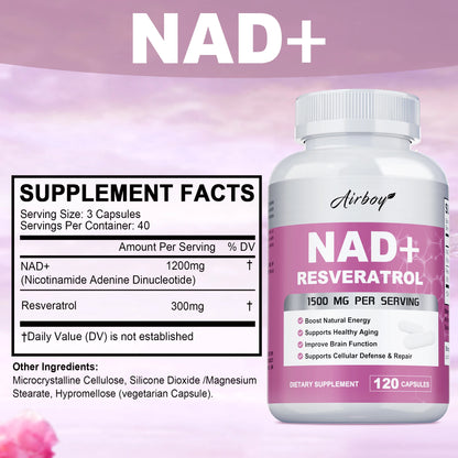 NAD+ Resveratrol Supplements - Natural Energy, Anti-aging and Cellular Health, Strengthens The Immune System - 120 Capsules ﻿