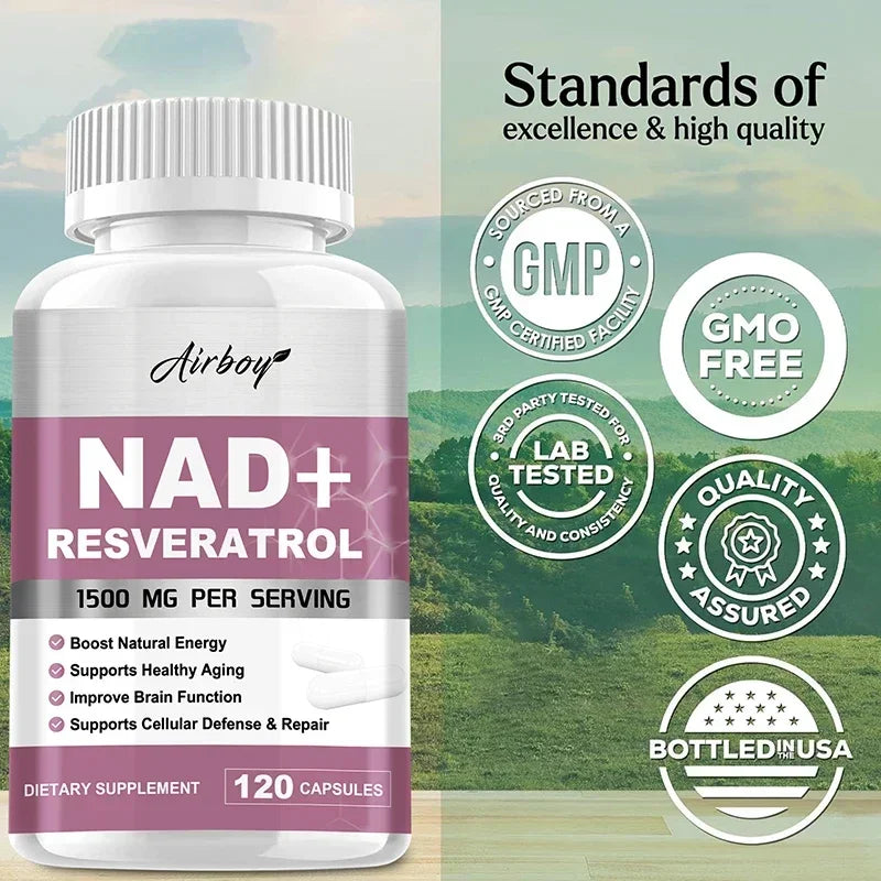 NAD+ Resveratrol Supplements - Natural Energy, Anti-aging and Cellular Health, Strengthens The Immune System - 120 Capsules ﻿