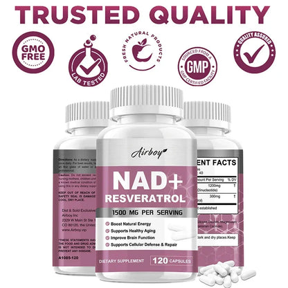 NAD+ Resveratrol Supplements - Natural Energy, Anti-aging and Cellular Health, Strengthens The Immune System - 120 Capsules ﻿