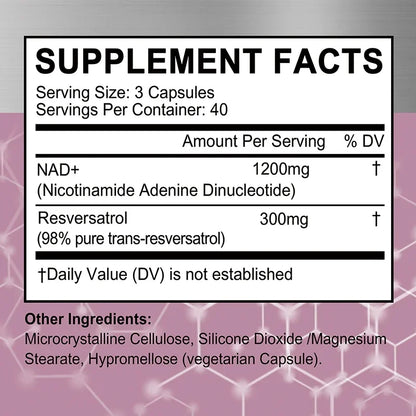 NAD+ Resveratrol Supplements - Natural Energy, Anti-aging and Cellular Health, Strengthens The Immune System - 120 Capsules ﻿